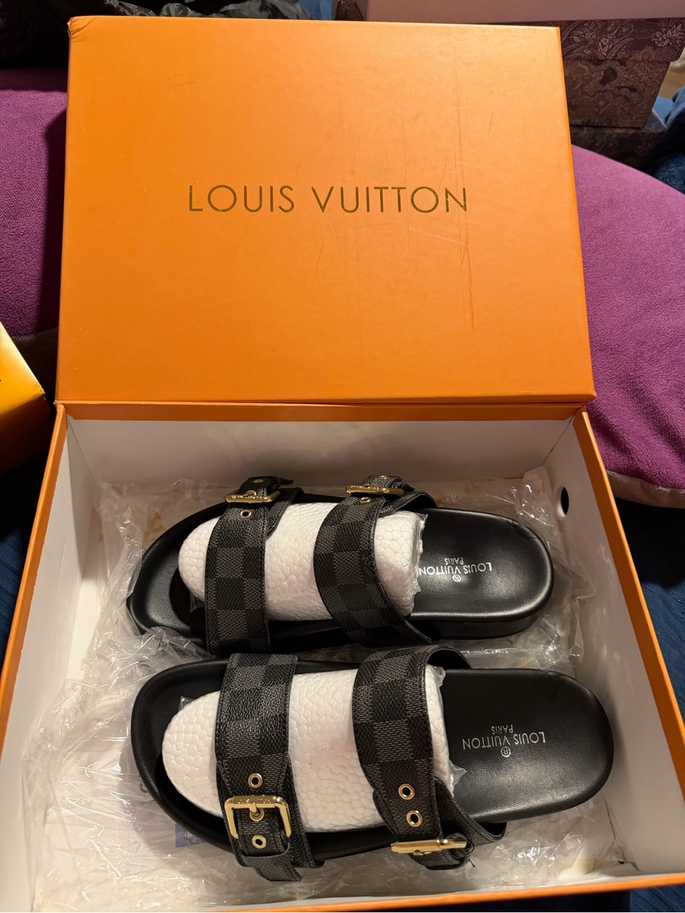 Black Damier Graphite Double Strap Slide Sandals